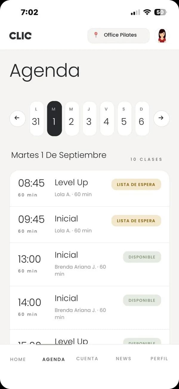 Agenda de la app de CLIC: las clases del día con su disponibilidad