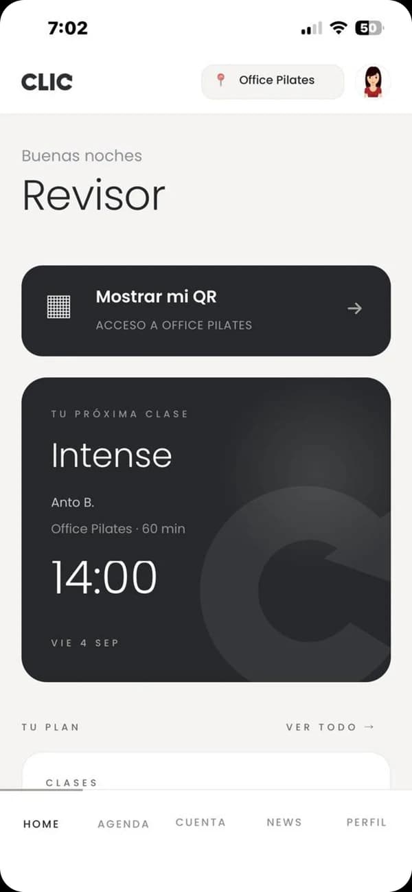 Inicio de la app de CLIC: tu próxima clase y el acceso con QR